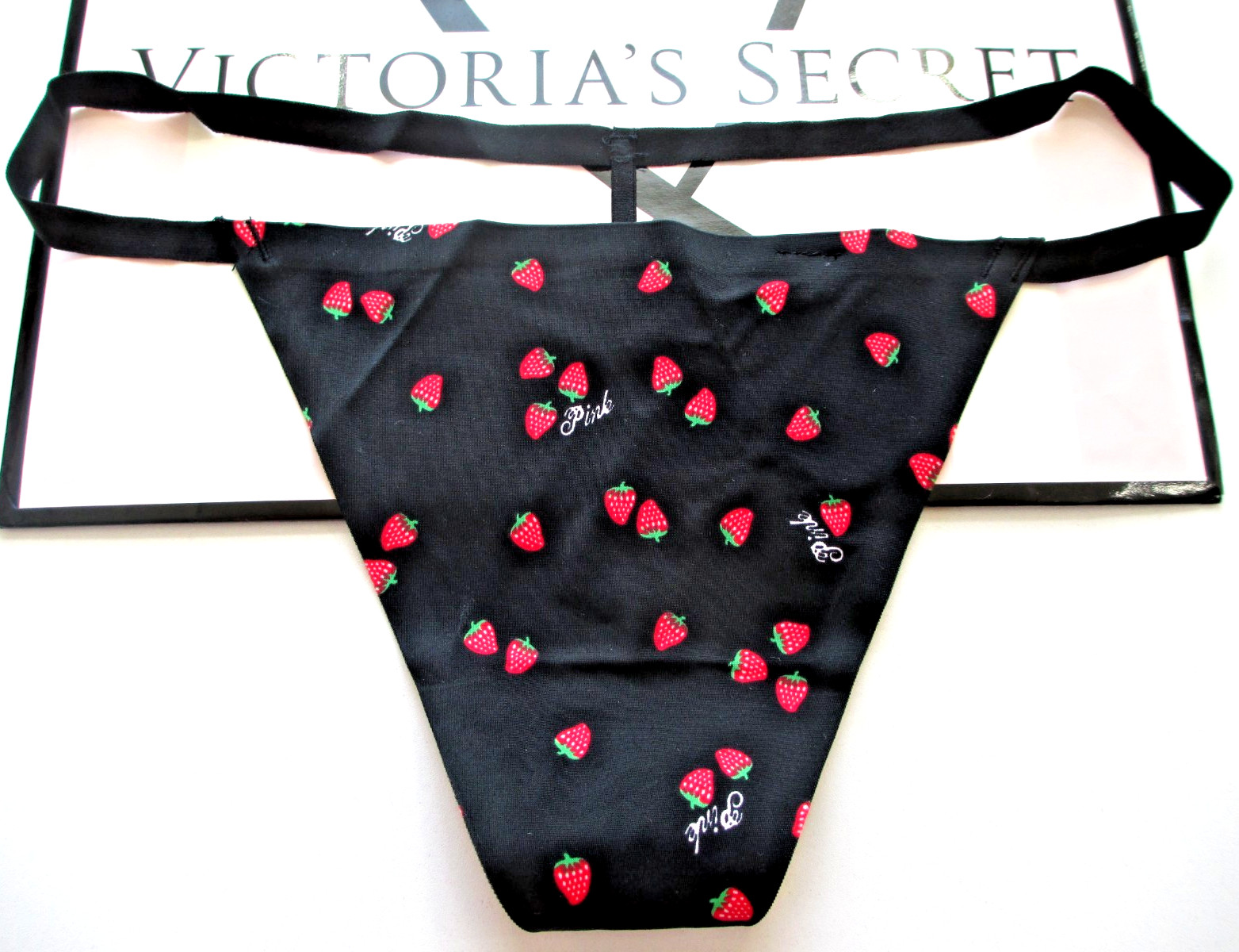 VICTORIA’S SECRET PINK No Show V-String Thong Panty Black Strawberries S M L XL