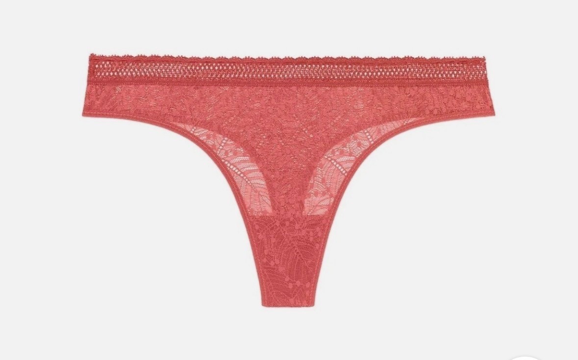 NWT $50 Simone Perele Comete Feather & Fan Lace Thong Rose Texas size 3 = M