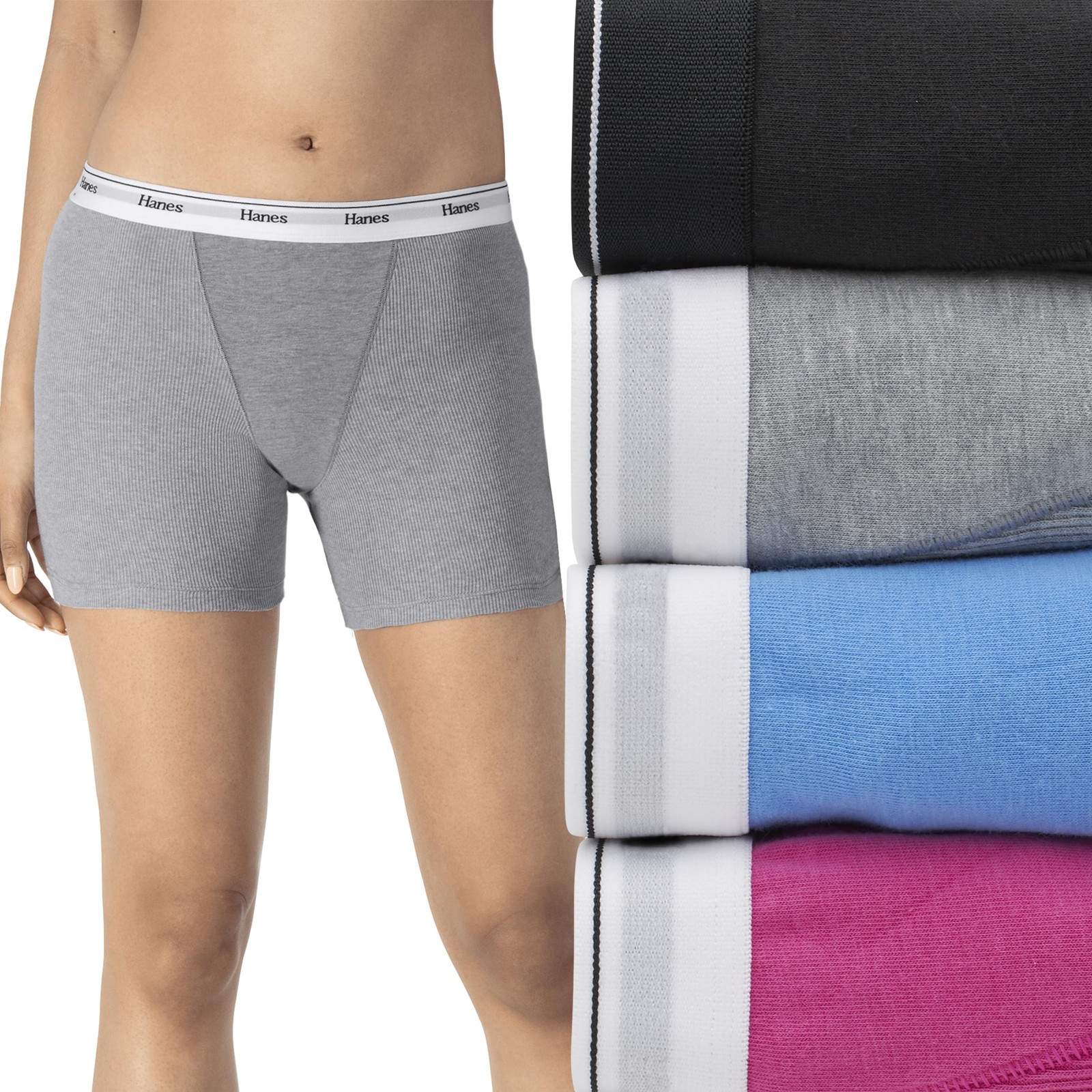 Hanes Women’s Originals Boxer Brief Pack, Stretch Large, Fashion Color Mix