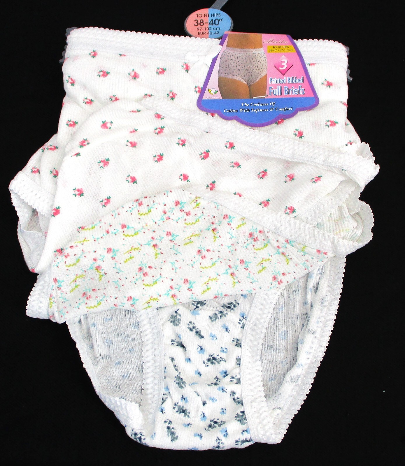 Ladies 3 Pack 100% Ribbed Cotton Full Briefs Sizes :38-40″,42-44″,46-48″,50-52″