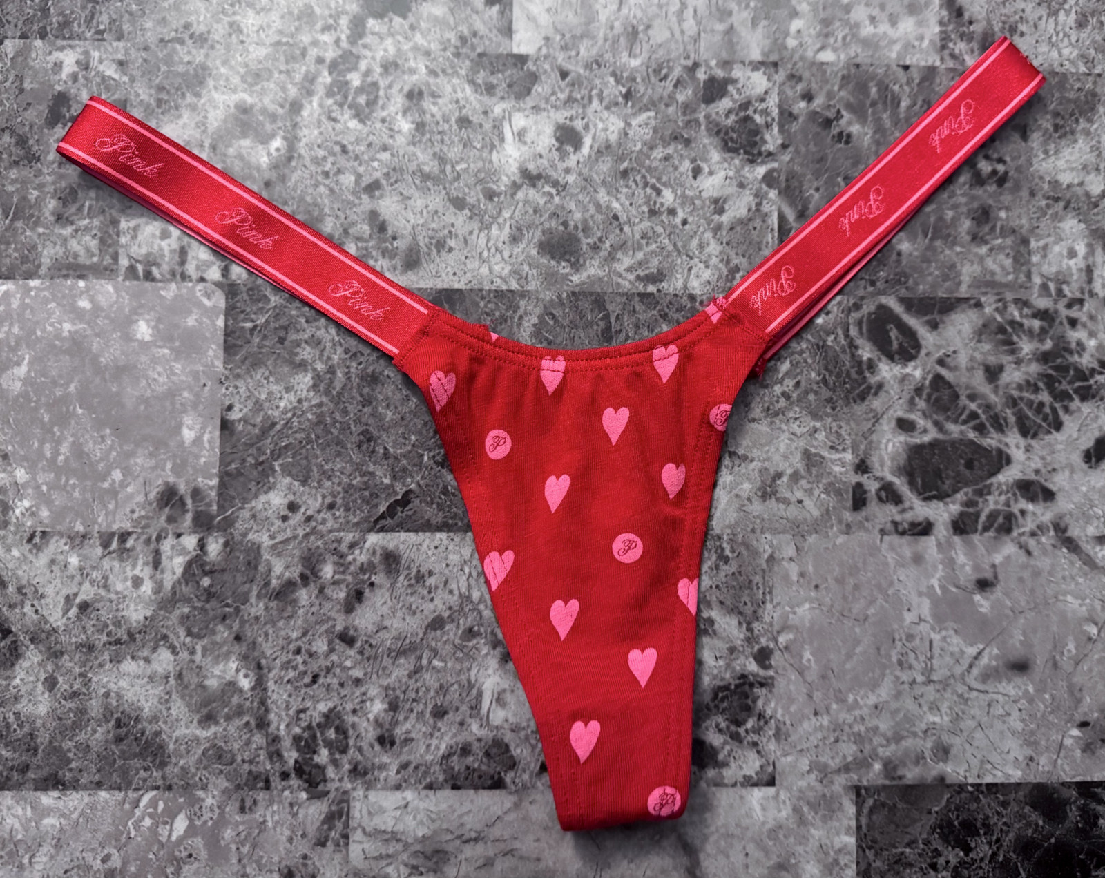 NWD VICTORIA’S SECRET PINK XS RED HEART MICRO TINY LOGO SIDE STRAP THONG PANTIES