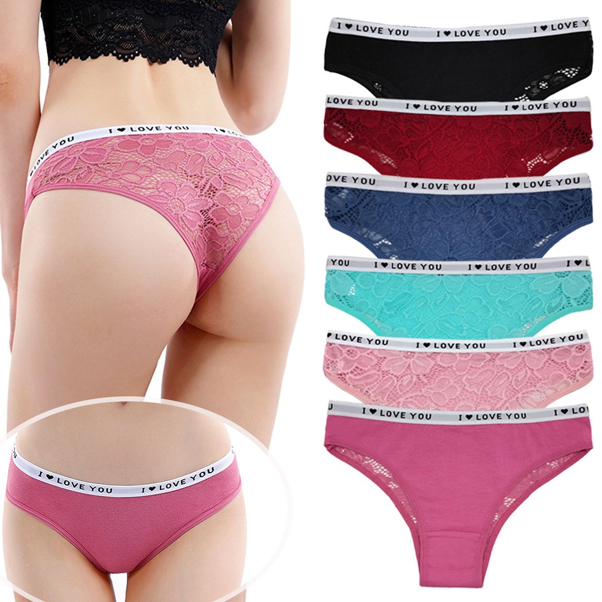 6 Pack M L XL Women Lace Trim Cotton Bikini Panties Breathable Sheer Underwear