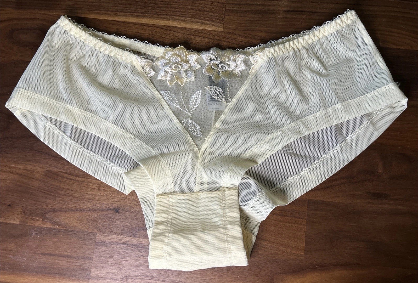 Vtg Donna Karan Chiffon Panties M Nylon Second Skin Yellow Embroidered Back Seam