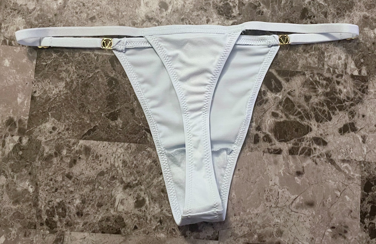 NWT VICTORIA’S SECRET BABY BLUE SOFT SMOOTH GOLD ADJUSTABLE STRAP THONG PANTIES