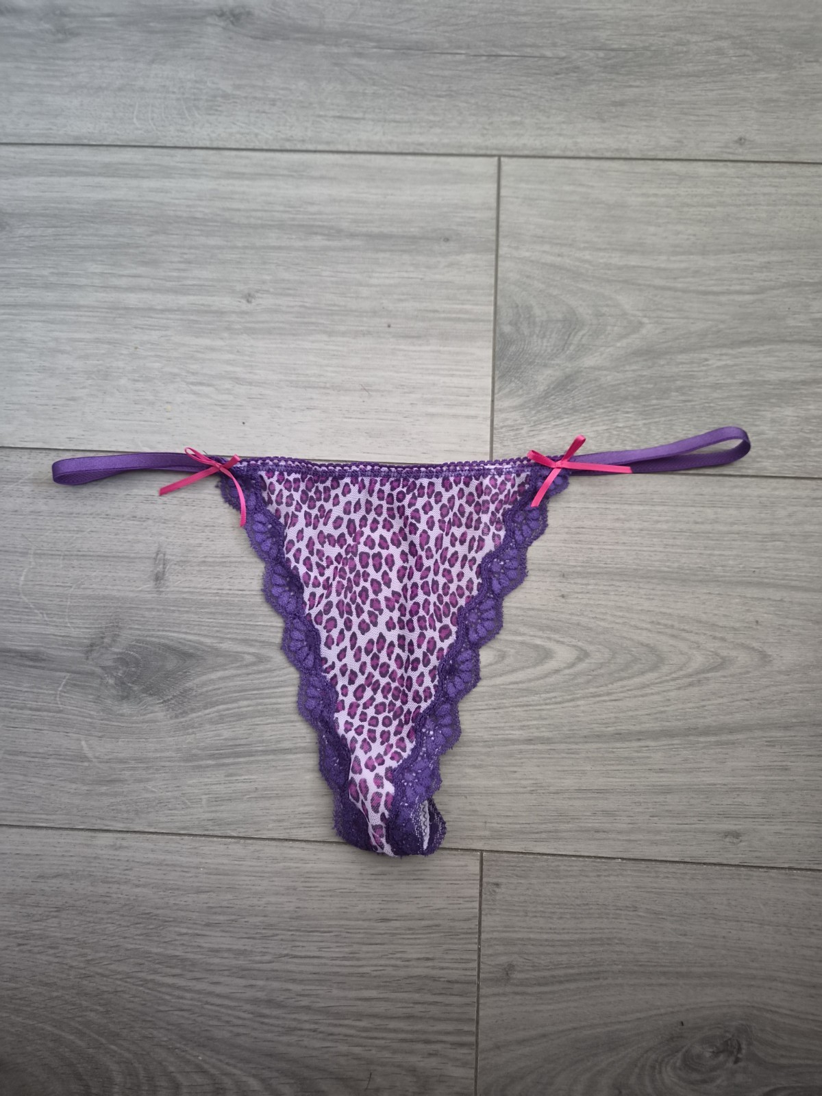 BNWOT Vintage Ann Summers Purple Leopard Print Lace Trim G String Thong Sz 10-14
