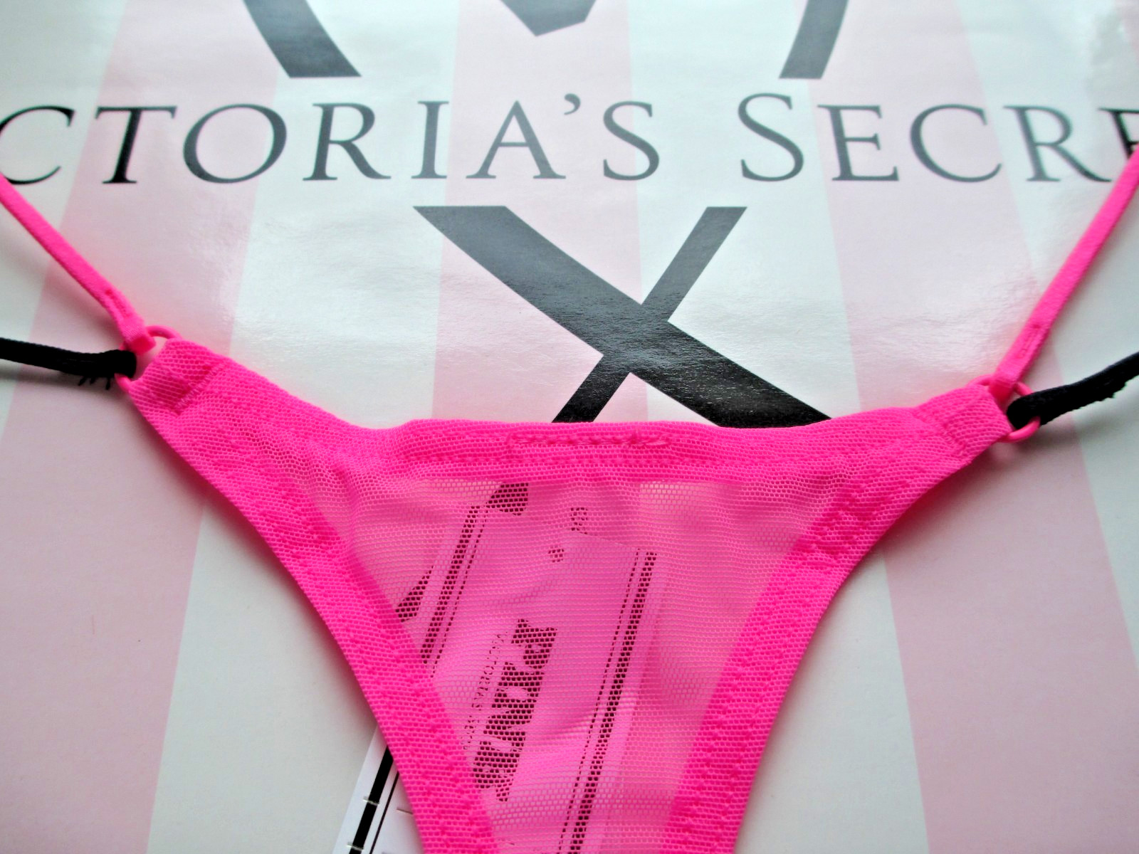 VICTORIA’S SECRET PINK Strappy Micro Thong Panty VS Pink Black Mesh S M L XL