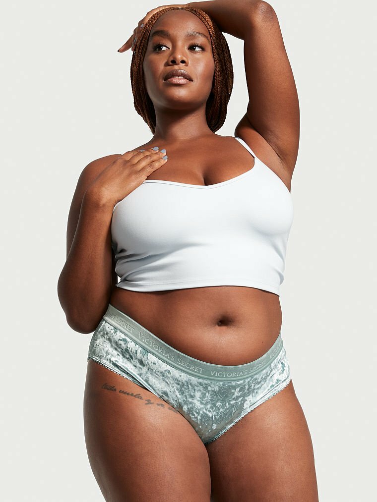 M Aqua Sage Dust FULL VELVET RARE Victorias Secret LOGO Heart Hiphugger Pantie