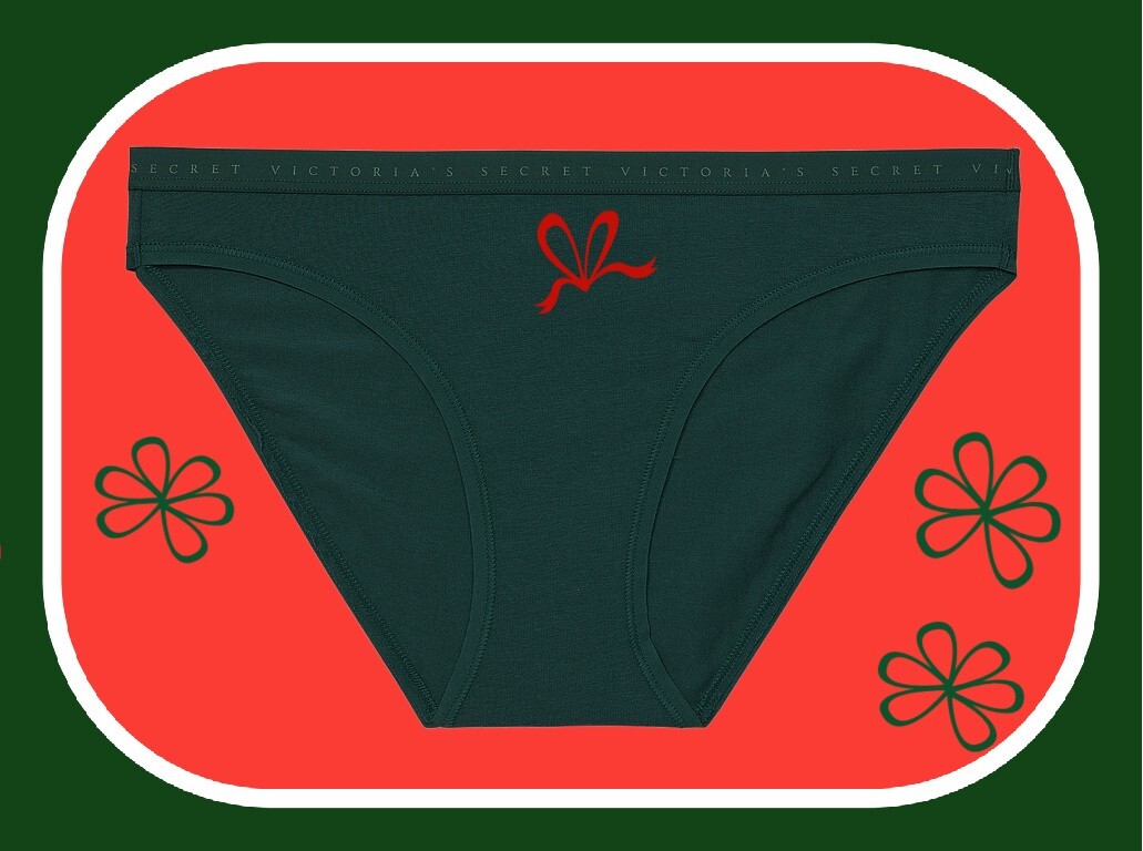 S Deep EverGreen w Graphic Red Bow Stretch COTTON Victoria’s Secret BIKINI Panty