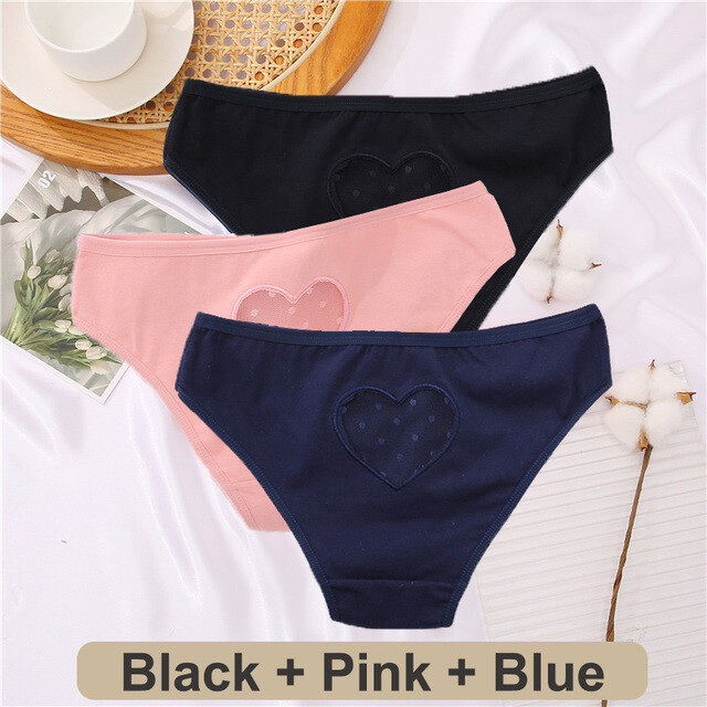 3pcs Lot Cotton Panties Women Transparent Heart Low-Waist Underpant Hollow Out