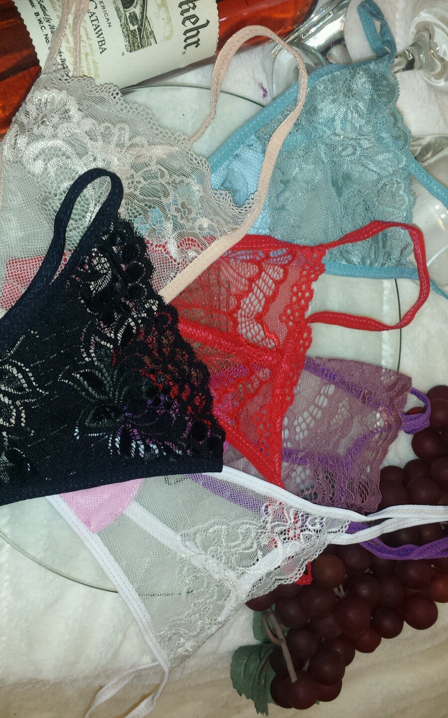 6 Pair Size 7 large Teal purple red white black sheer Lace Thong Panties Lot 6