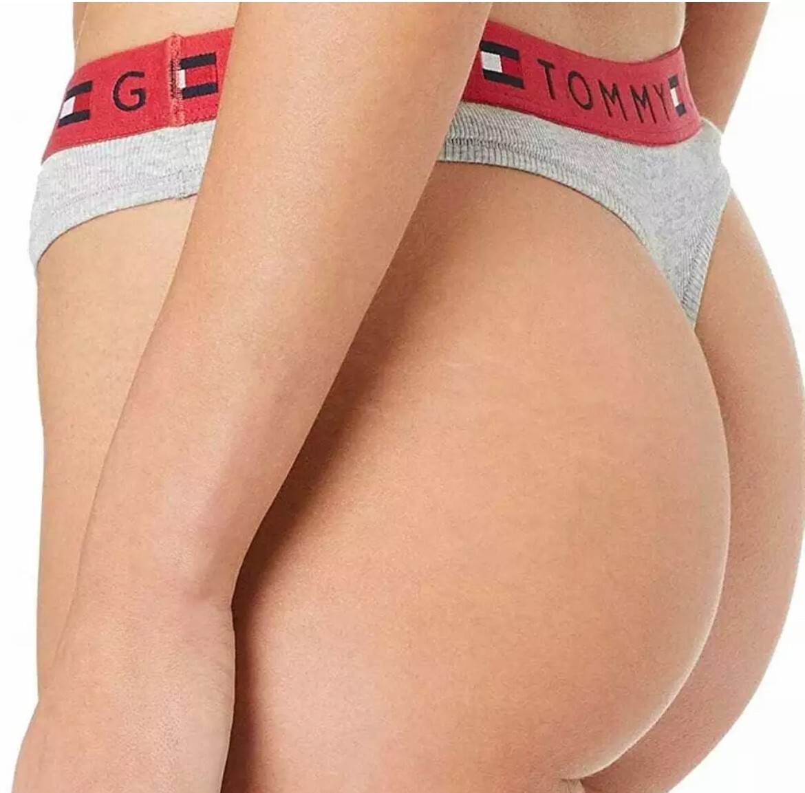 【NEW】TOMMY HILFIGER Classic Cotton Heather Grey Logo Band Thong Panty Women
