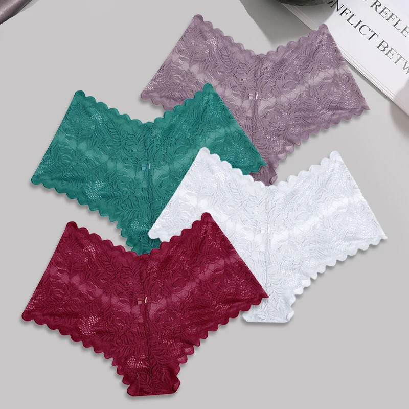 Lace Boyshort Panties Low Rise Breathable Hollow Out 4PCS Women Underwear