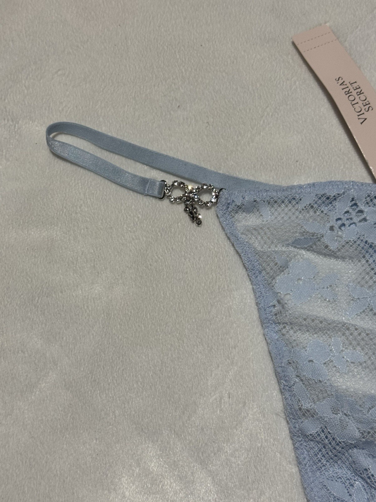 Victoria’s Secret Blue Floral Lace V-String Thong Panty Rhinestone Bow Hardware
