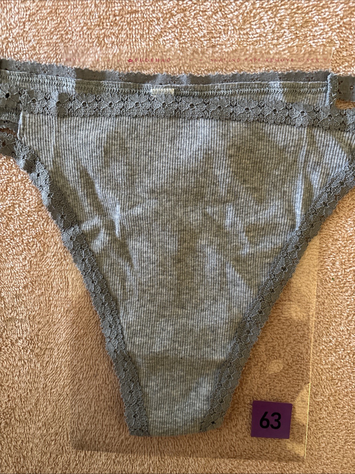 Pink by Victorias Secret Large Gray Strappy Ribbed Lace Trim Thong Panties NWT