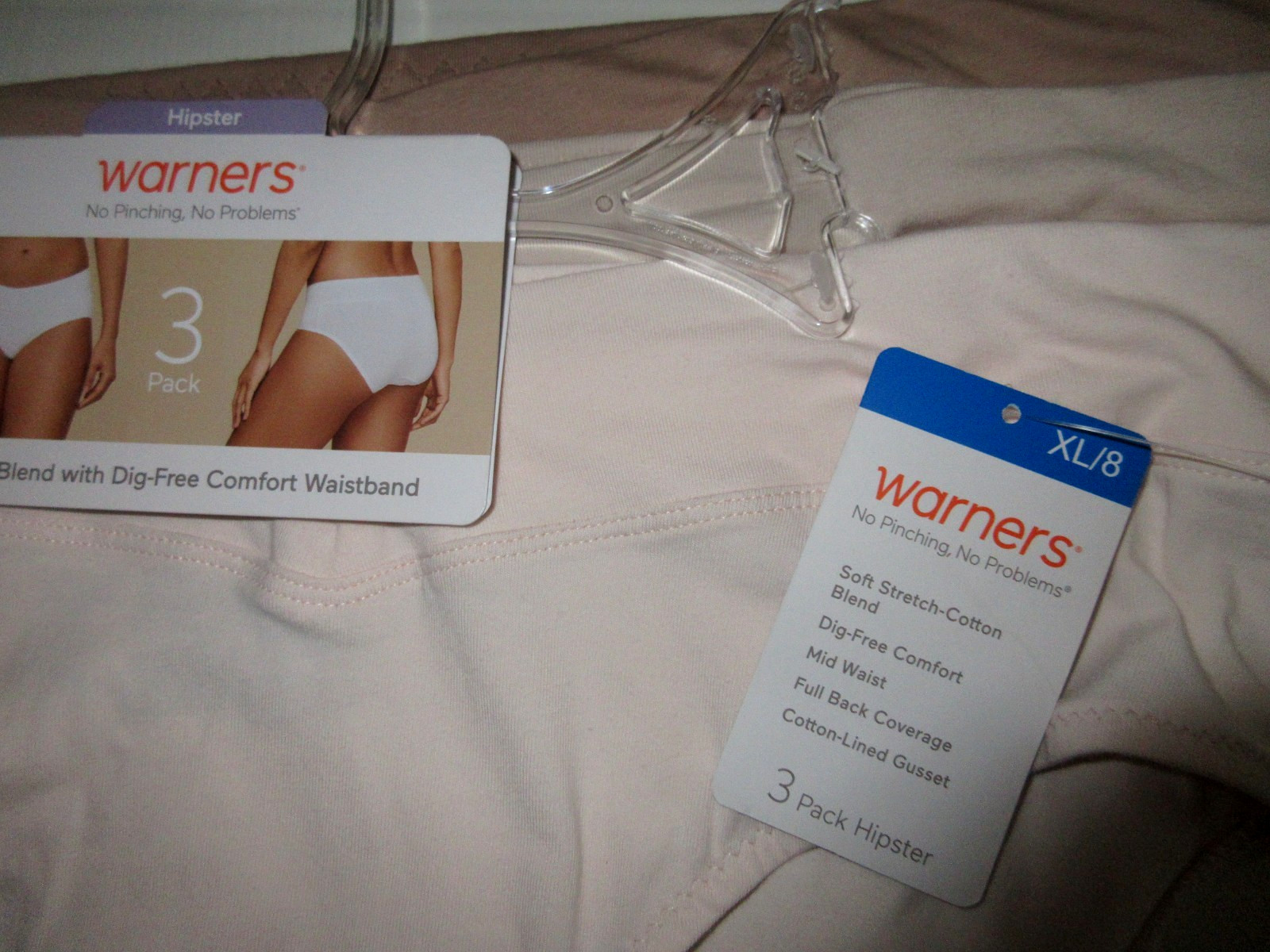 Warners 3-pair HIPSTER Panty No Pinching Dig Free Mid Waist cotton blend ~ 8/XL