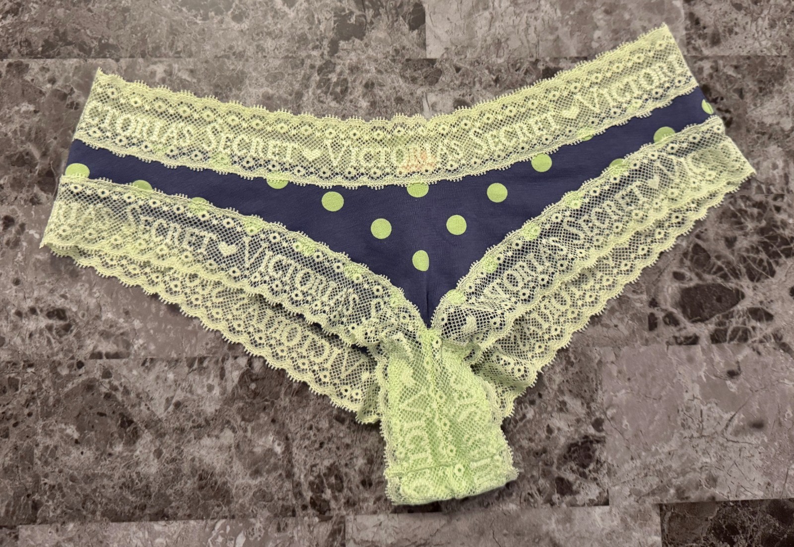 NWT VICTORIA’S SECRET SMALL BLUE GREEN POLKA DOT LOGO LACE RARE CHEEKY PANTIES