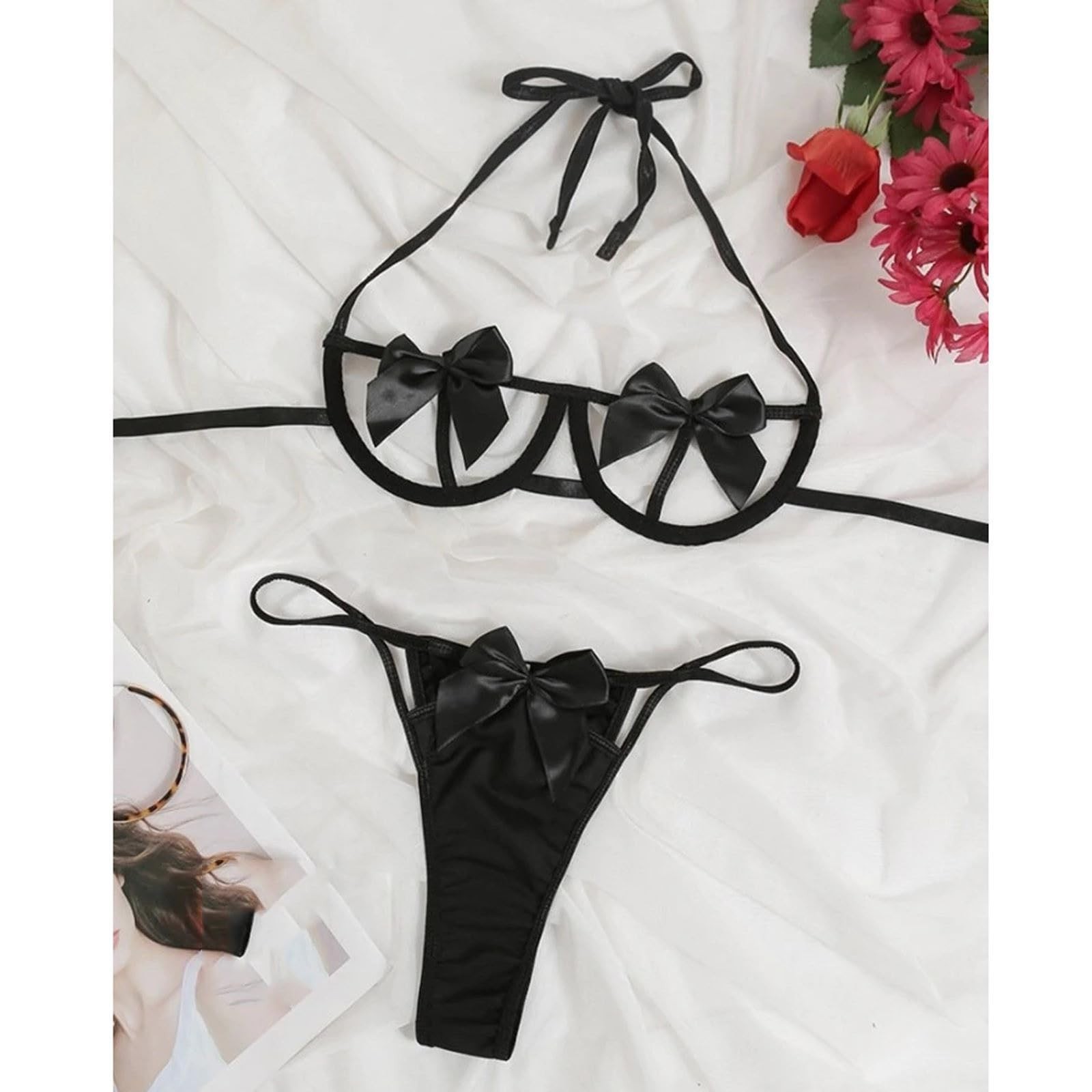 SRRSO Women Sexy Lingerie Set Unwrap Me Bow Tie Medium, Velvet Black