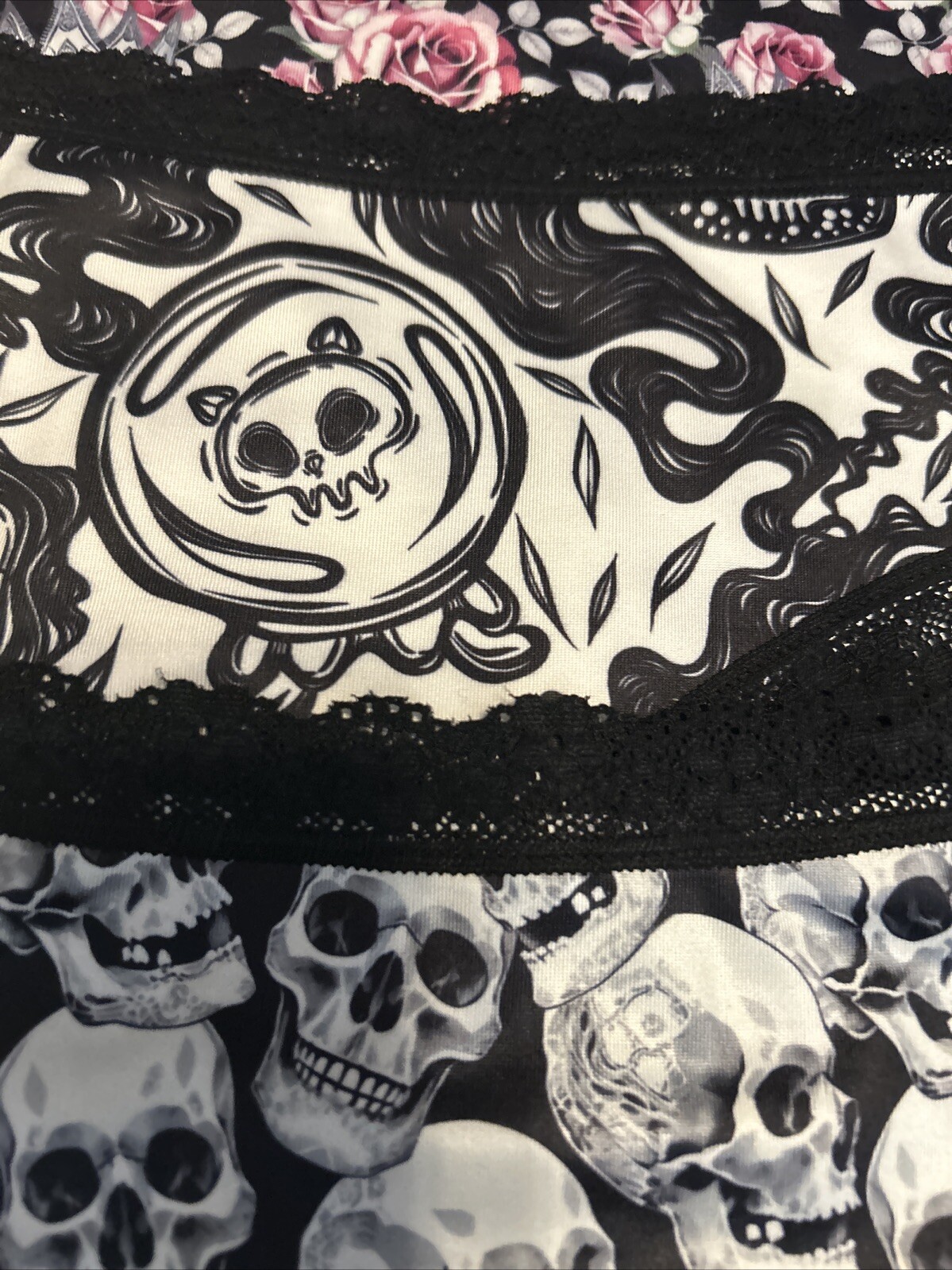 Morvia 3pk lace trim goth Emo Punk panties L floral Crown skull Lingerie Set