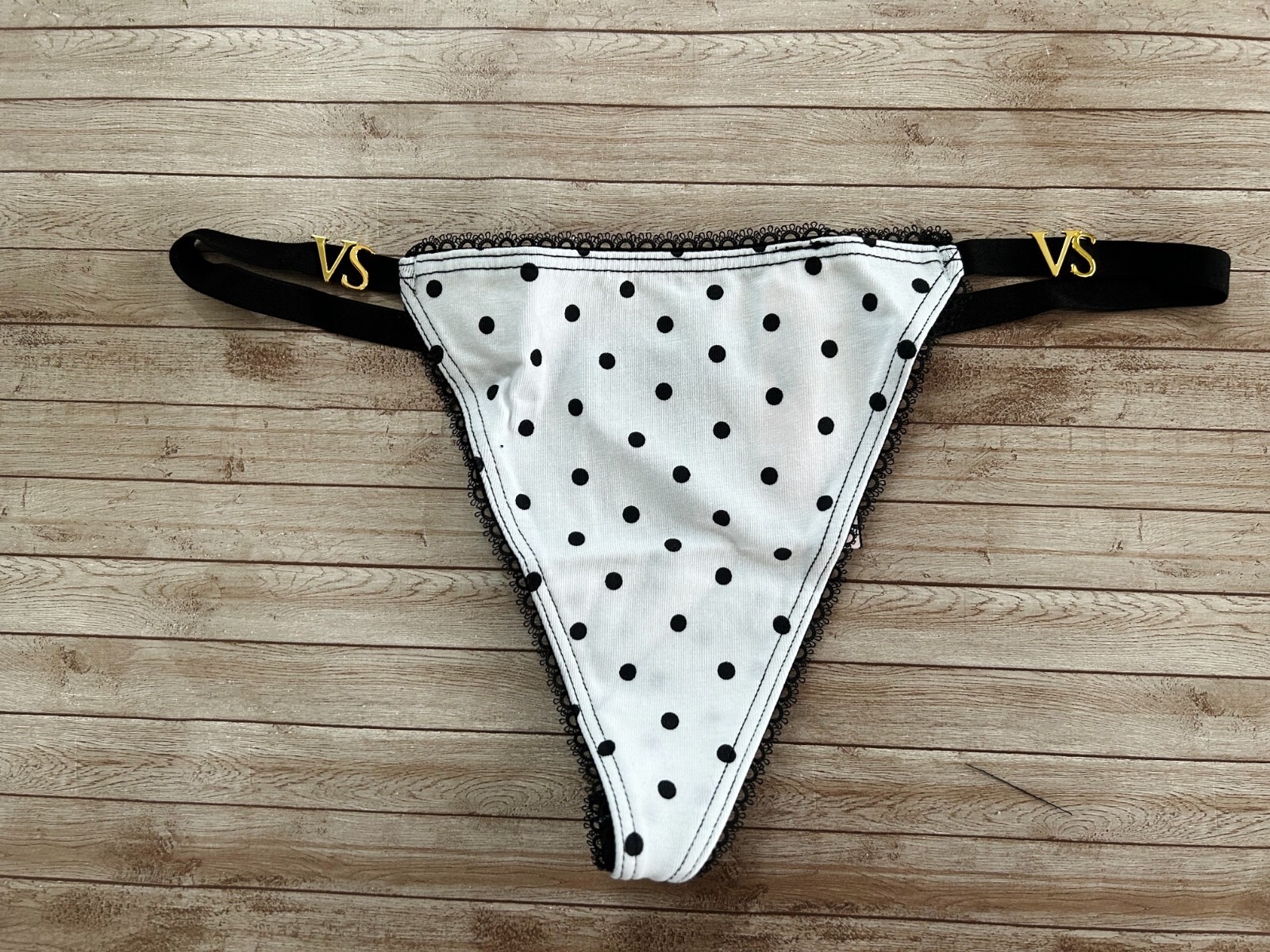 Victorias Secret Cotton Stretch V String Panty White Polka Dot With Charms S Nwt
