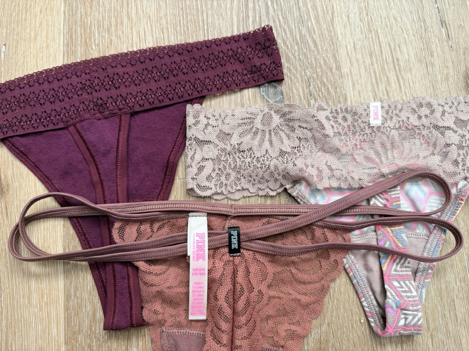 PINK Thong Panties 3 Pack Multicolor Mauve Purple Lace Cotton Geometric Floral S