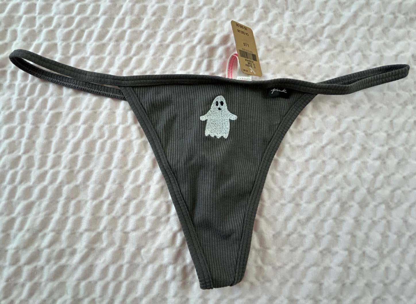 NWT Victoria’s Secret Pink V-string Panties Gray with White Ghost Large