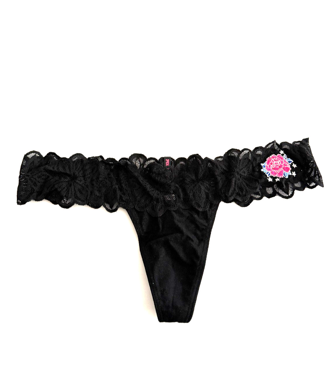 Victoria’s Secret PINK Opaque Floral Lace-Trim Thong Panty Black w Rose