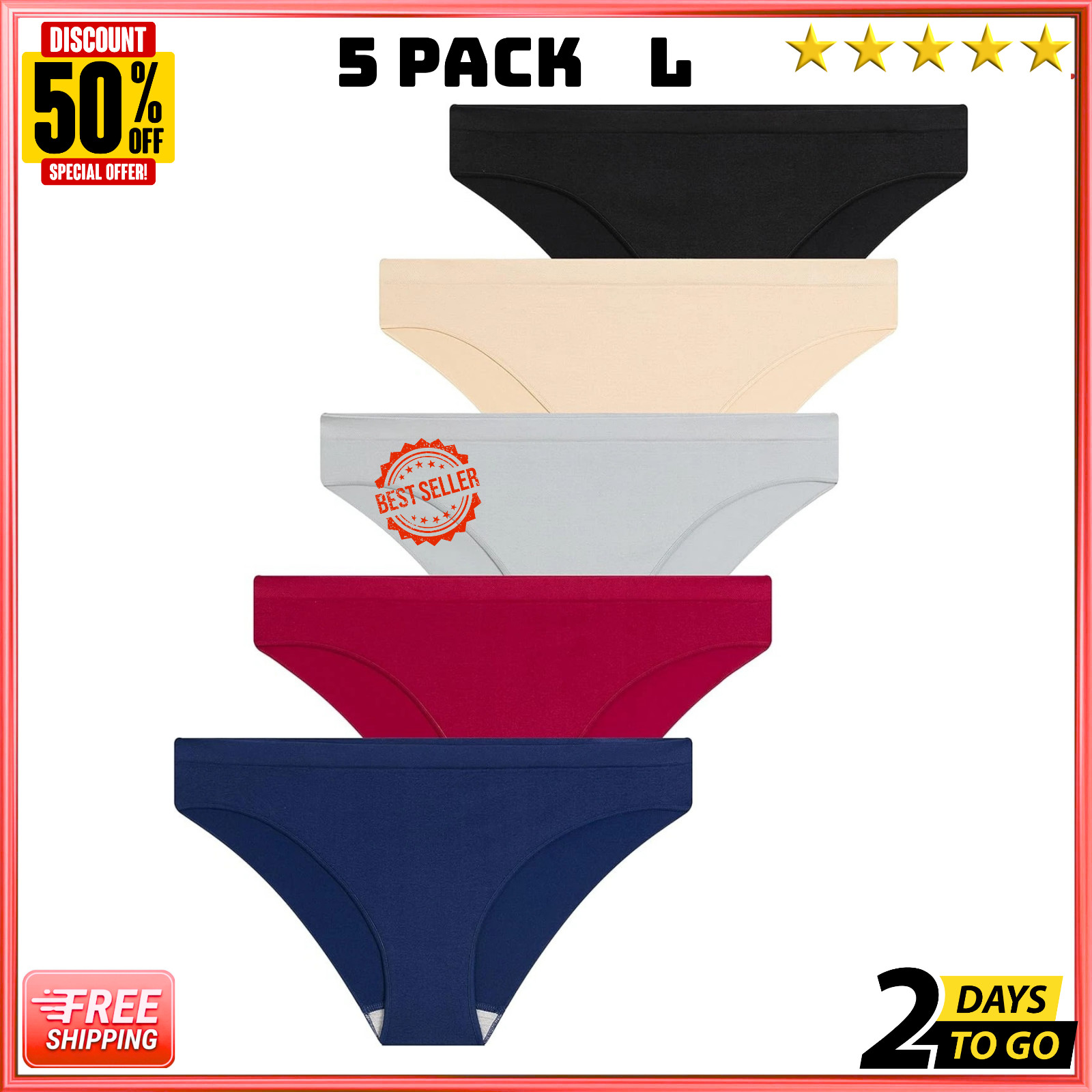 Bikini Underwear for Women Cheeky Panties Soft No Show Seamless Hipster 5 Pack L