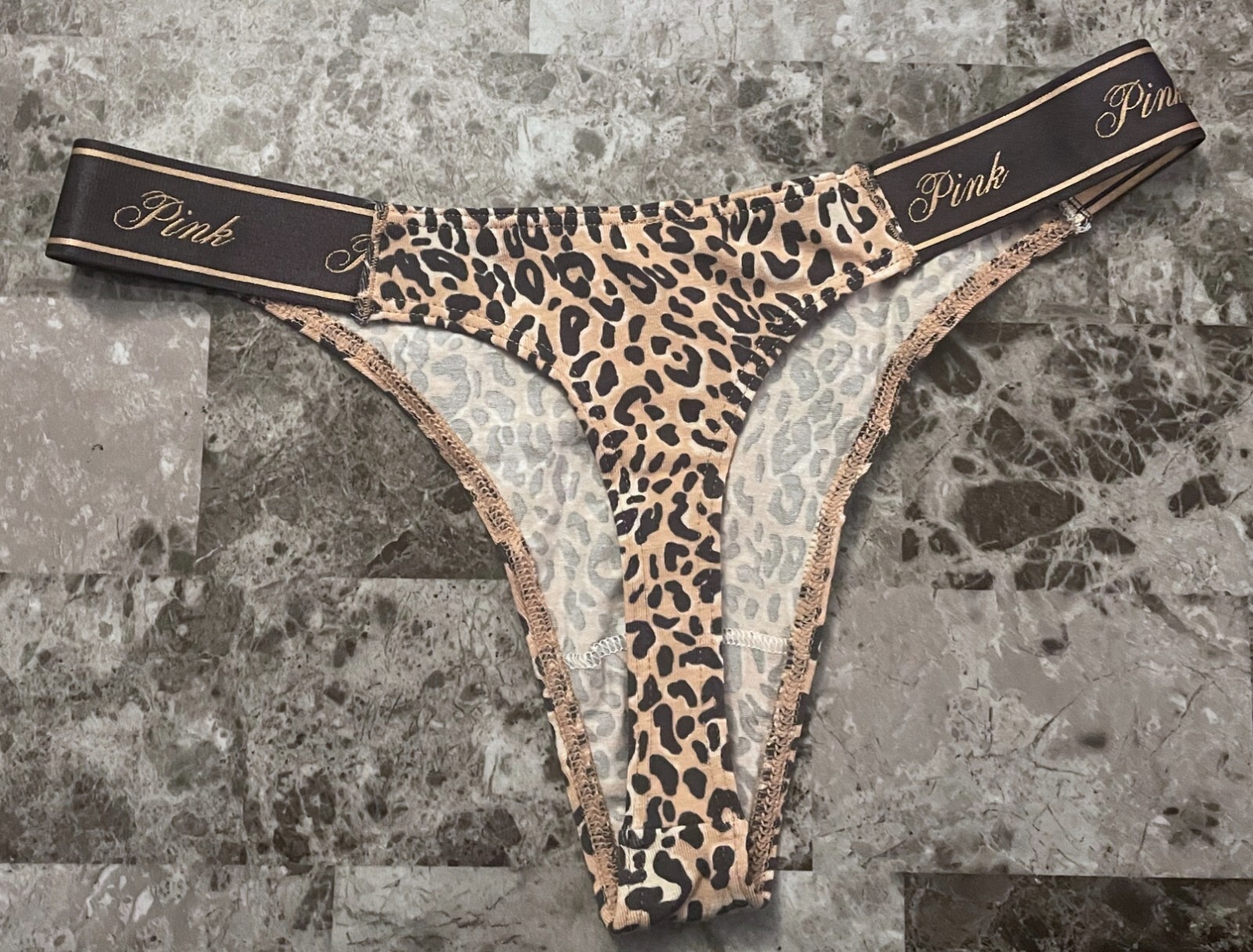 NWT VICTORIA’S SECRET PINK NUDE GRAY LEOPARD THICK LOGO SIDE STRAP THONG PANTIES
