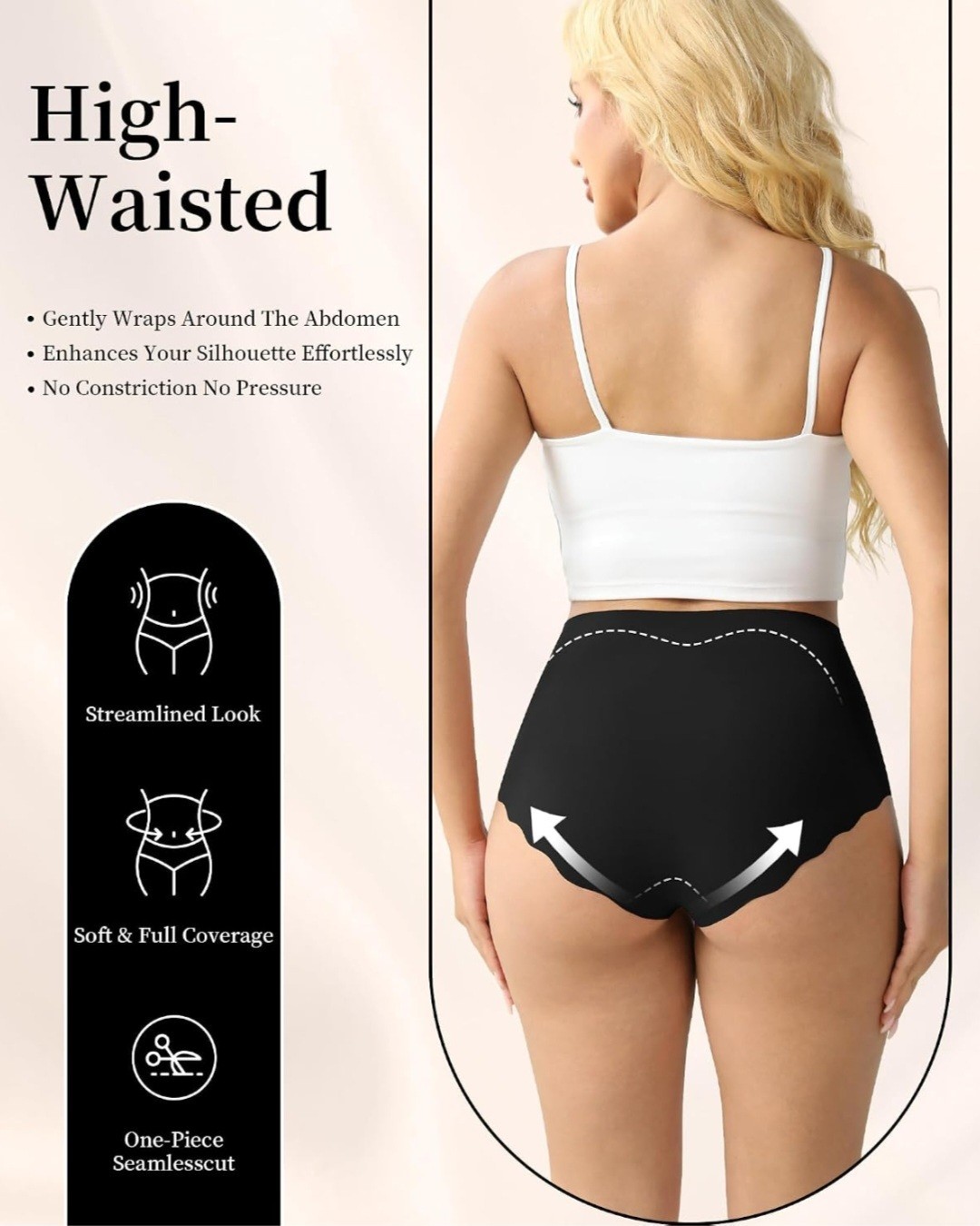 Seamless High-Waisted Panties 6-Pack Black Solid L Tagless Breathable