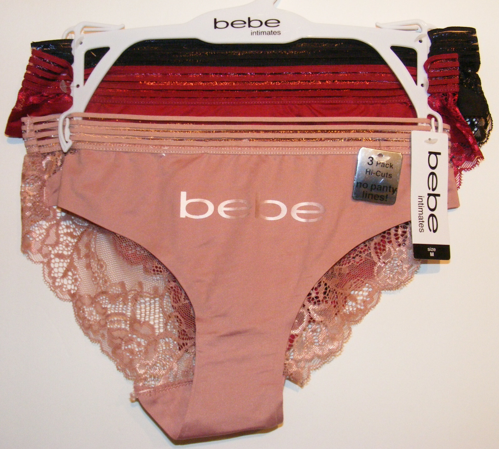 bebe 3 Pack Hi Cut Panties Size M Microfiber Sheer Rear Lace No Panty Lines