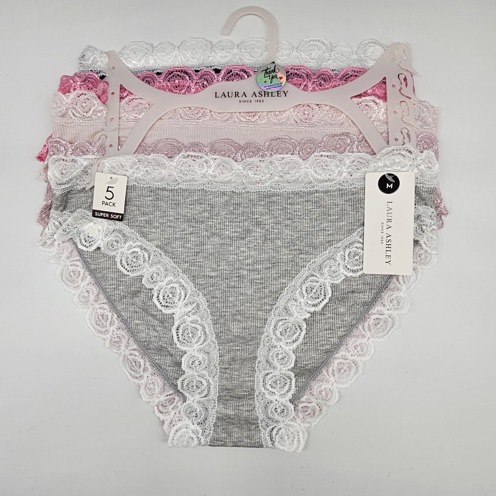 LAURA ASHLEY 5 Pk Women M L XL Rose Lace Trim Soft Panties Navy Pink Cream Beige