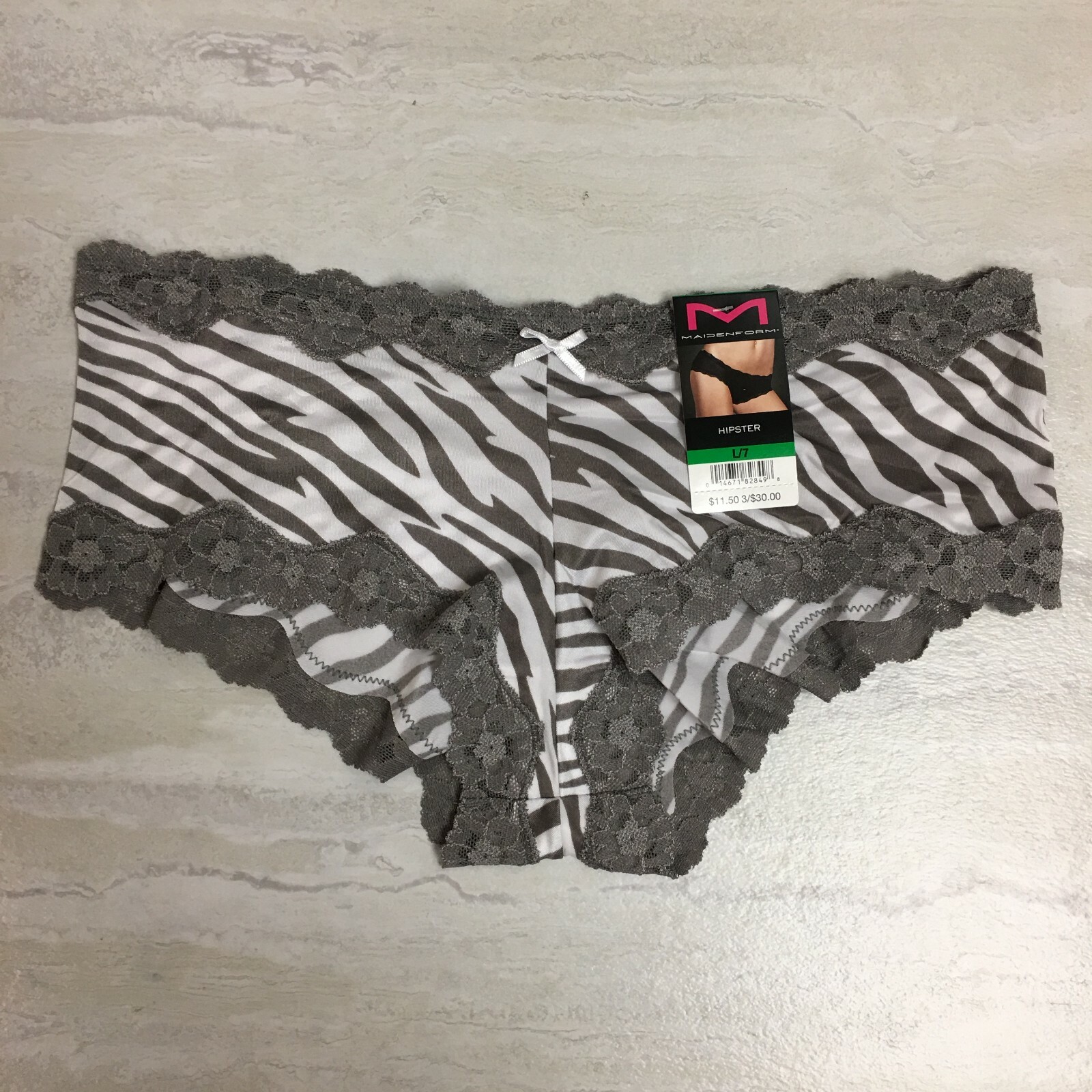 Maidenform Women’s Cheeky Scalloped Lace Hipster Gray/White Zebra Stripe L/7 NWT