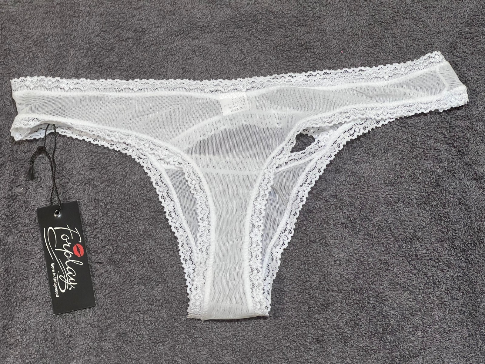 White Mesh Lace Trim Open Cut Out Front Thong Panties Lingerie Dance M