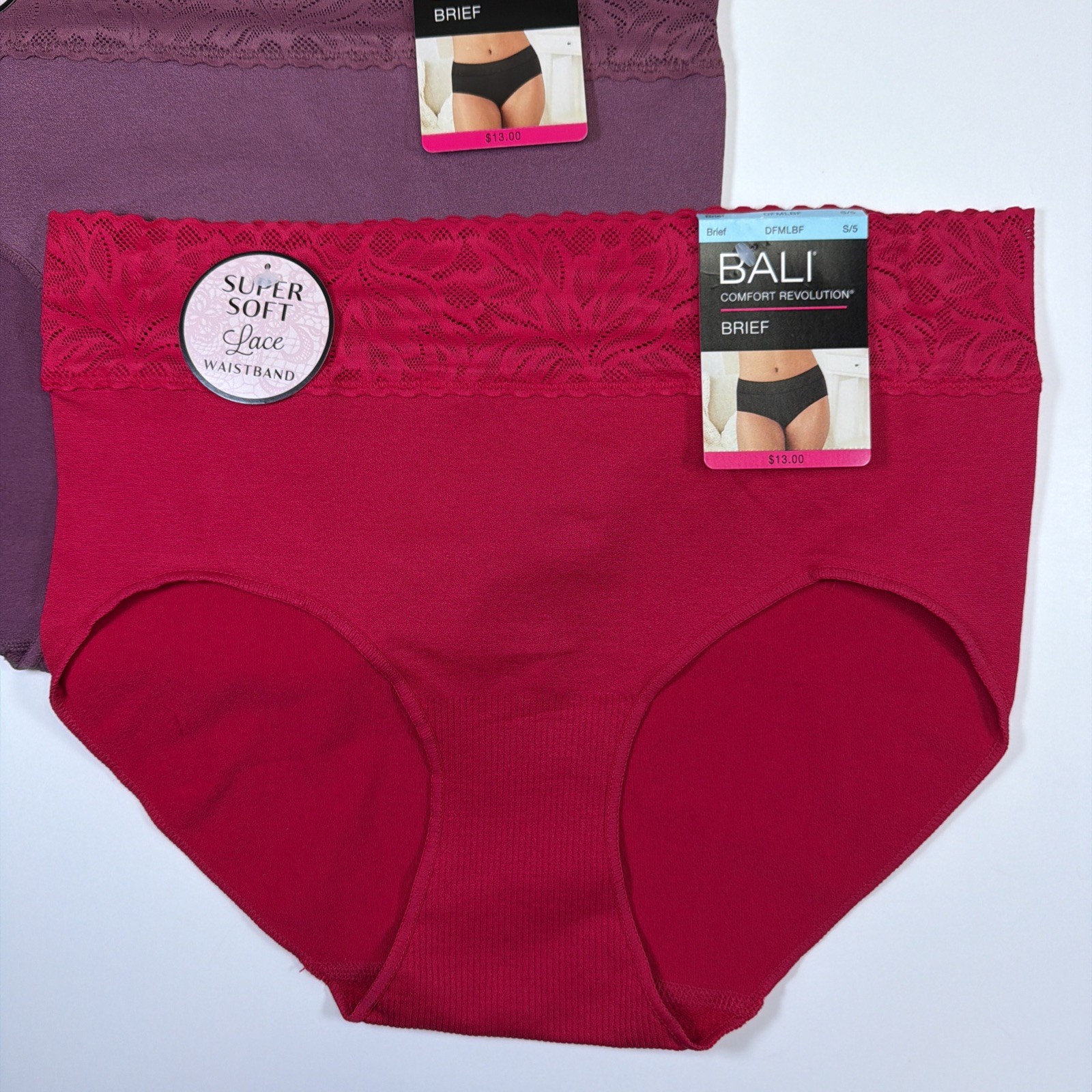 Bali Comfort Revolution Soft Lace Waistband 2 Pack Brief Panties DFMLBF S/5
