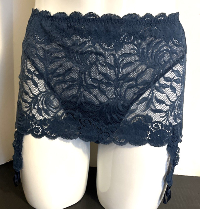 Victoria’s Secret Dark Blue Lace Thong-Panties Skirt 3 Garters – MISSING 1-AS IS