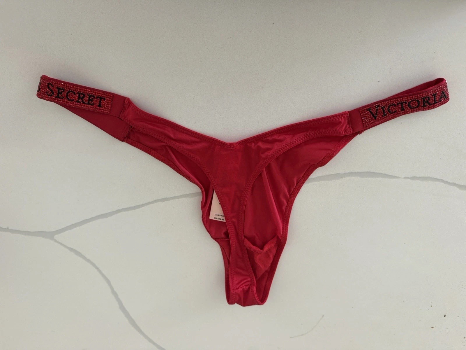 Victoria’s Secret VERY SEXY Thong Panty Logo Shine Strap Red Satin XL NWT