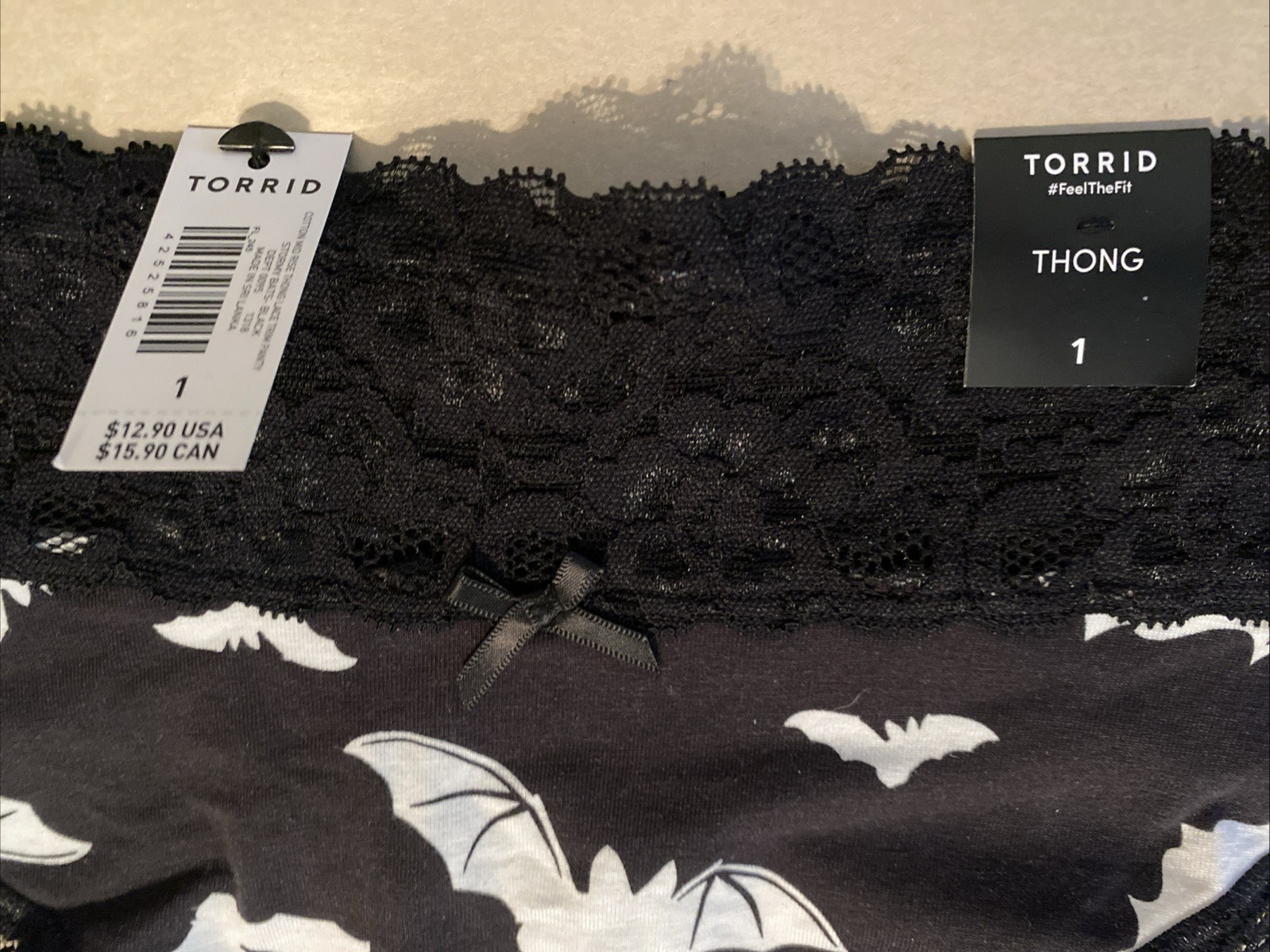 Torrid Thong Cotton Mid Rise Lace Trim Panty Stormy Bats Size 1 – 1X – 14/16