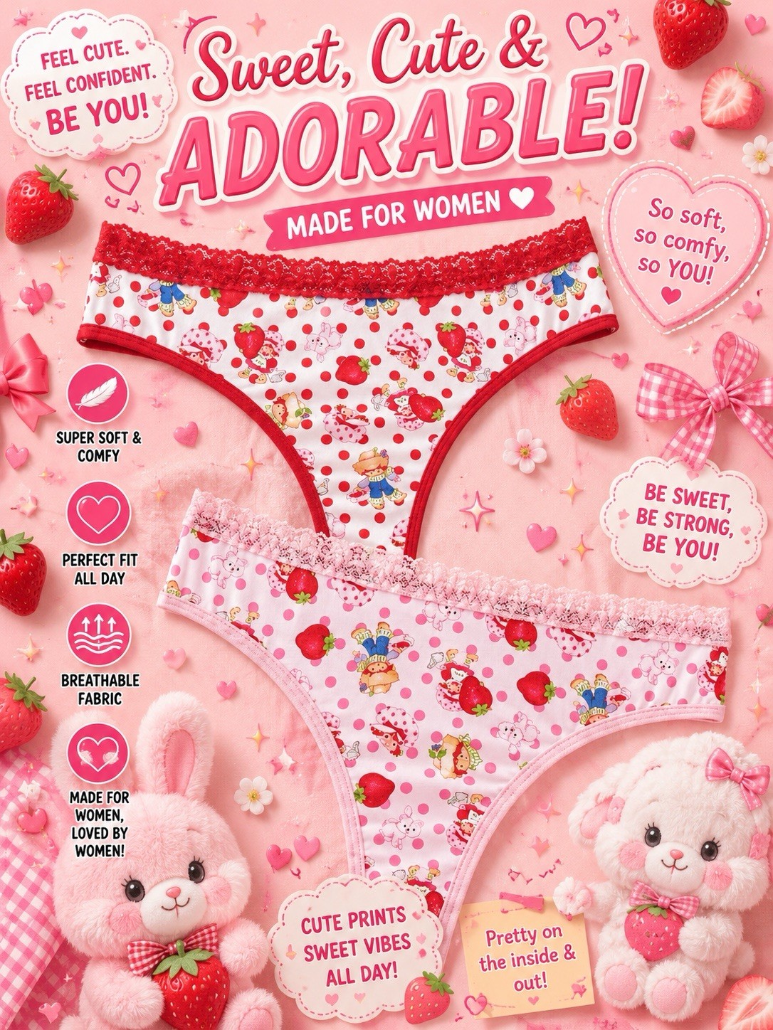 Women’s Teens Strawberry Shortcake Cartoon Pink Red Thong Panties 2pk Kawaii M