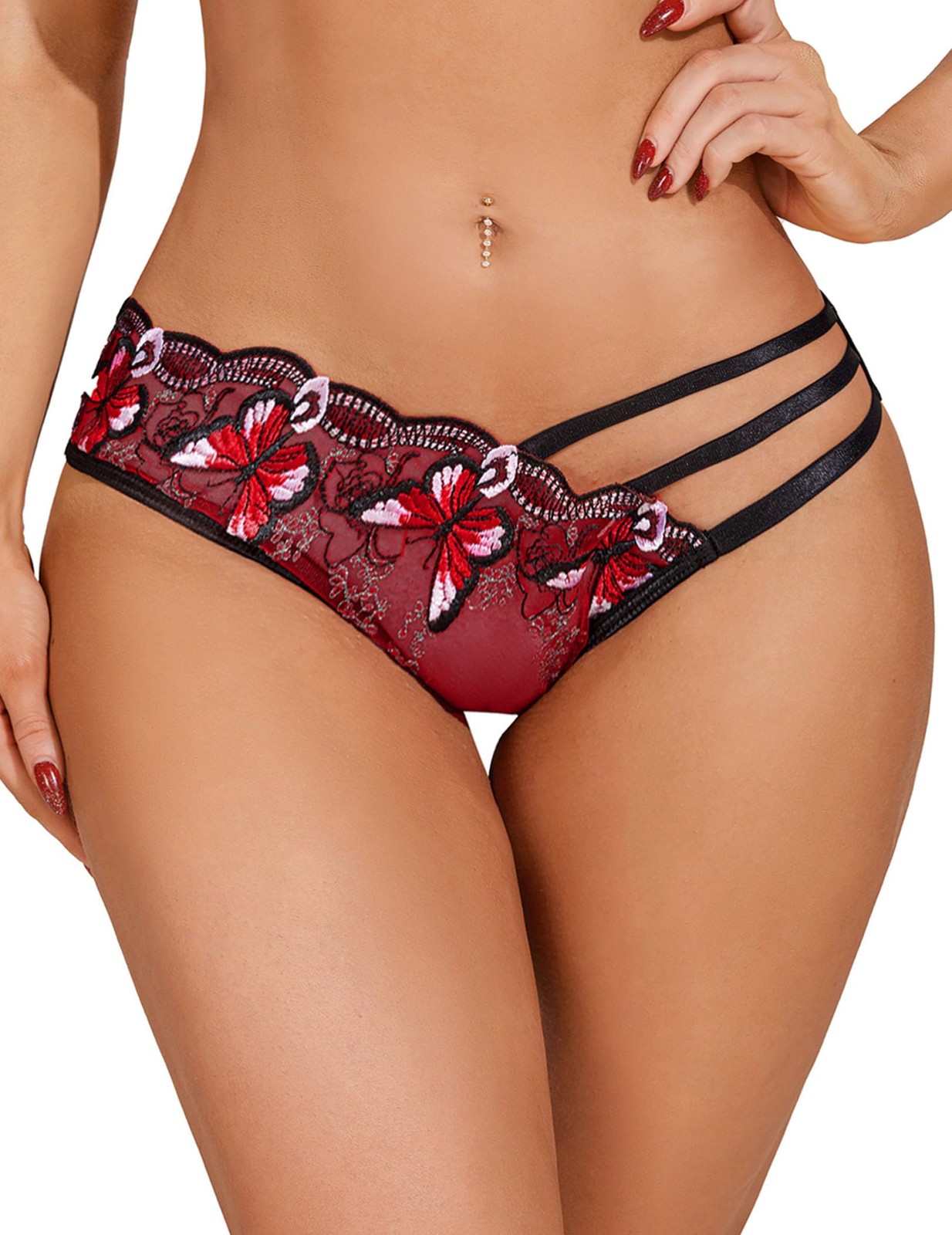 Women’s Embroidery Red Butterfly Cheeky Panties Sexy Triple Straps Underwear