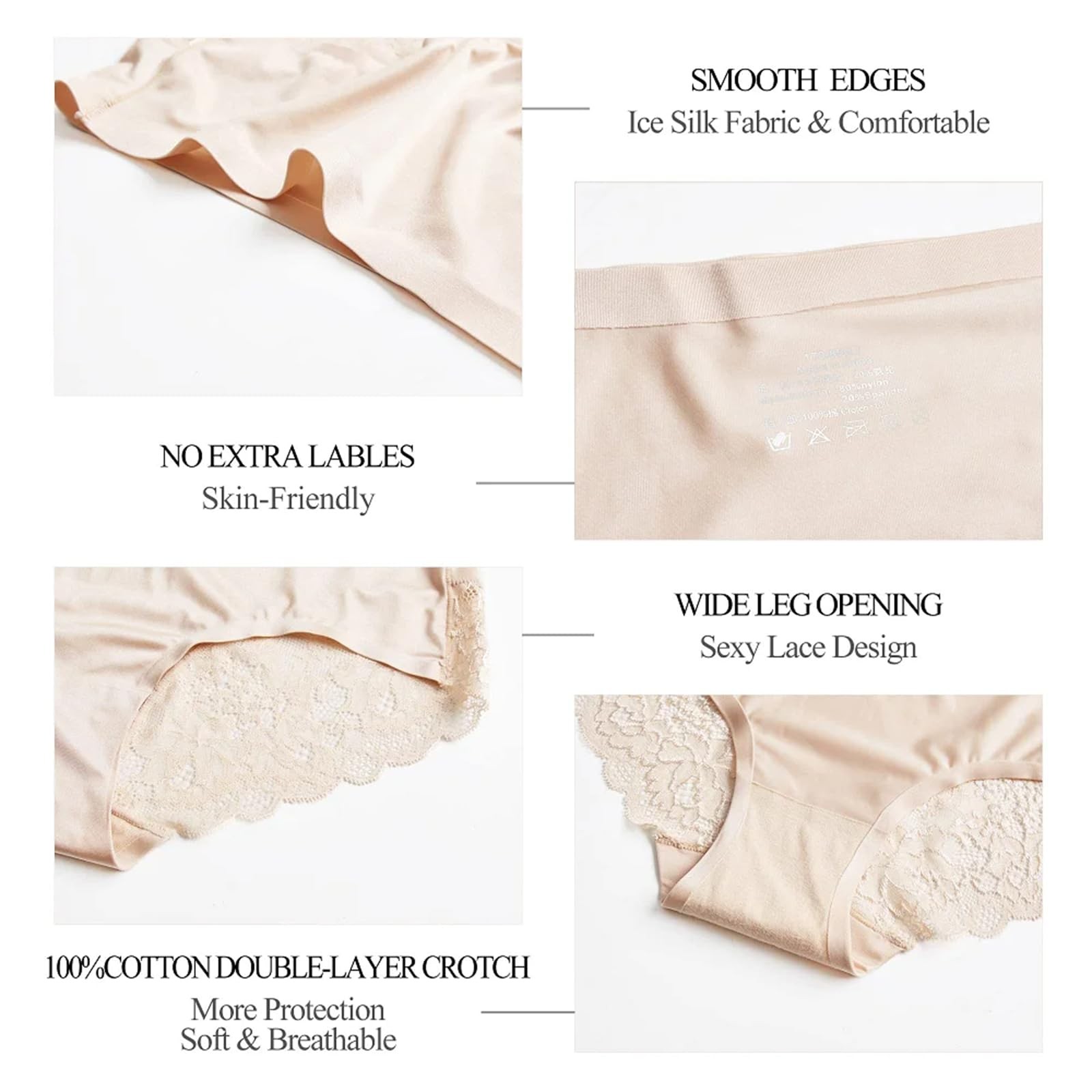 Women Ice Silk Lace Briefs 6 Pack Mid Rise Seamless Cotton Crotch Daily Panties