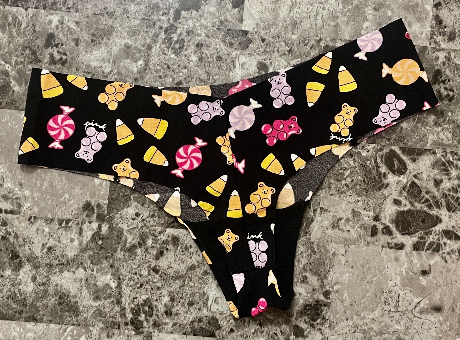VICTORIA’S SECRET PINK CANDY CORN GUMMY BEARS HALLOWEEN NO SHOW THONG PANTIES