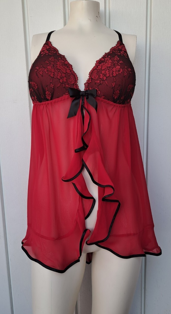 Linea Donatella Red Babydoll Lingerie Set Size XL Coquette Sexy Chiffon NEW