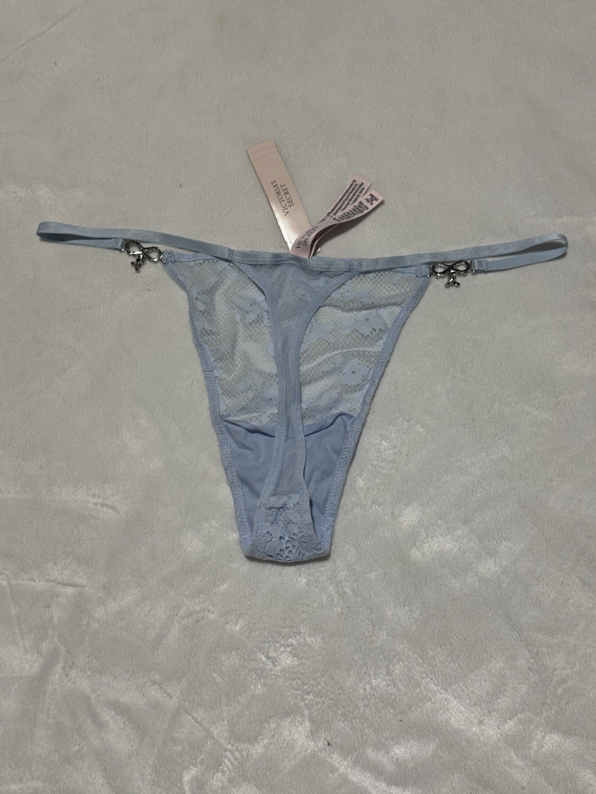 Victoria’s Secret Blue Floral Lace V-String Thong Panty Rhinestone Bow Hardware