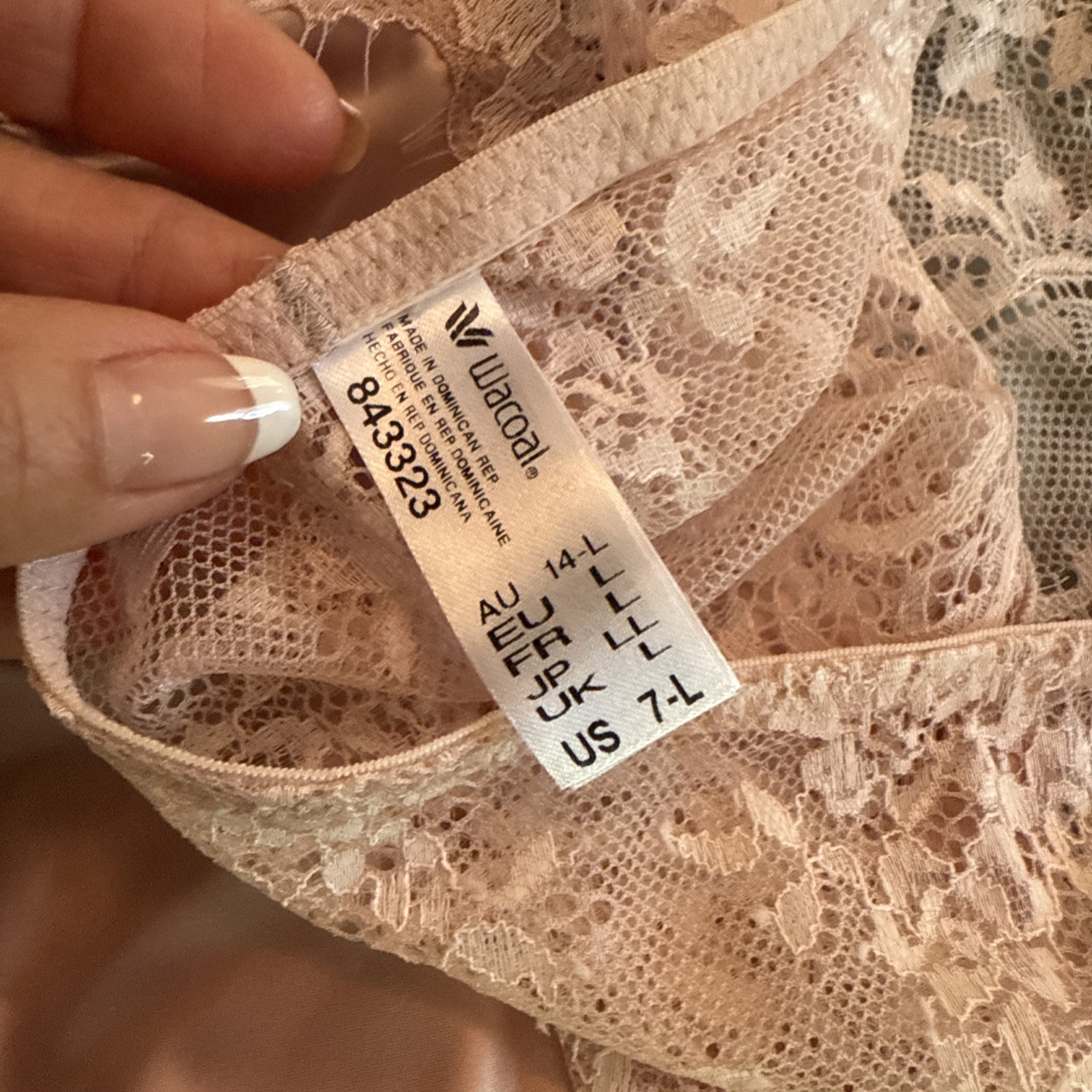 WACOAL 843323 BEIGE Hi-Cut Sheer Embroidered Lace Hip Panties 7 Lg Nylon Spandex