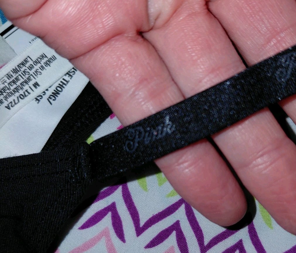 Vs pink Studded Bow cotton Logo Strap thong Panty Size Medium NEW Black