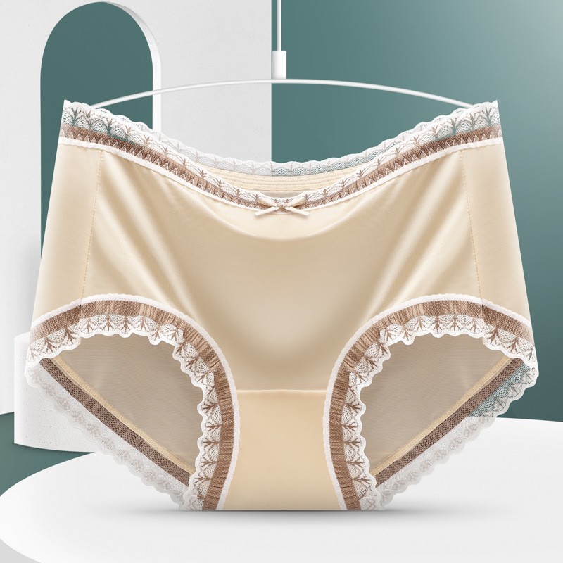 3 Pack Lace Satin Seamless Panties Mid Waist Bikini Antibacterial Cotton Crotch