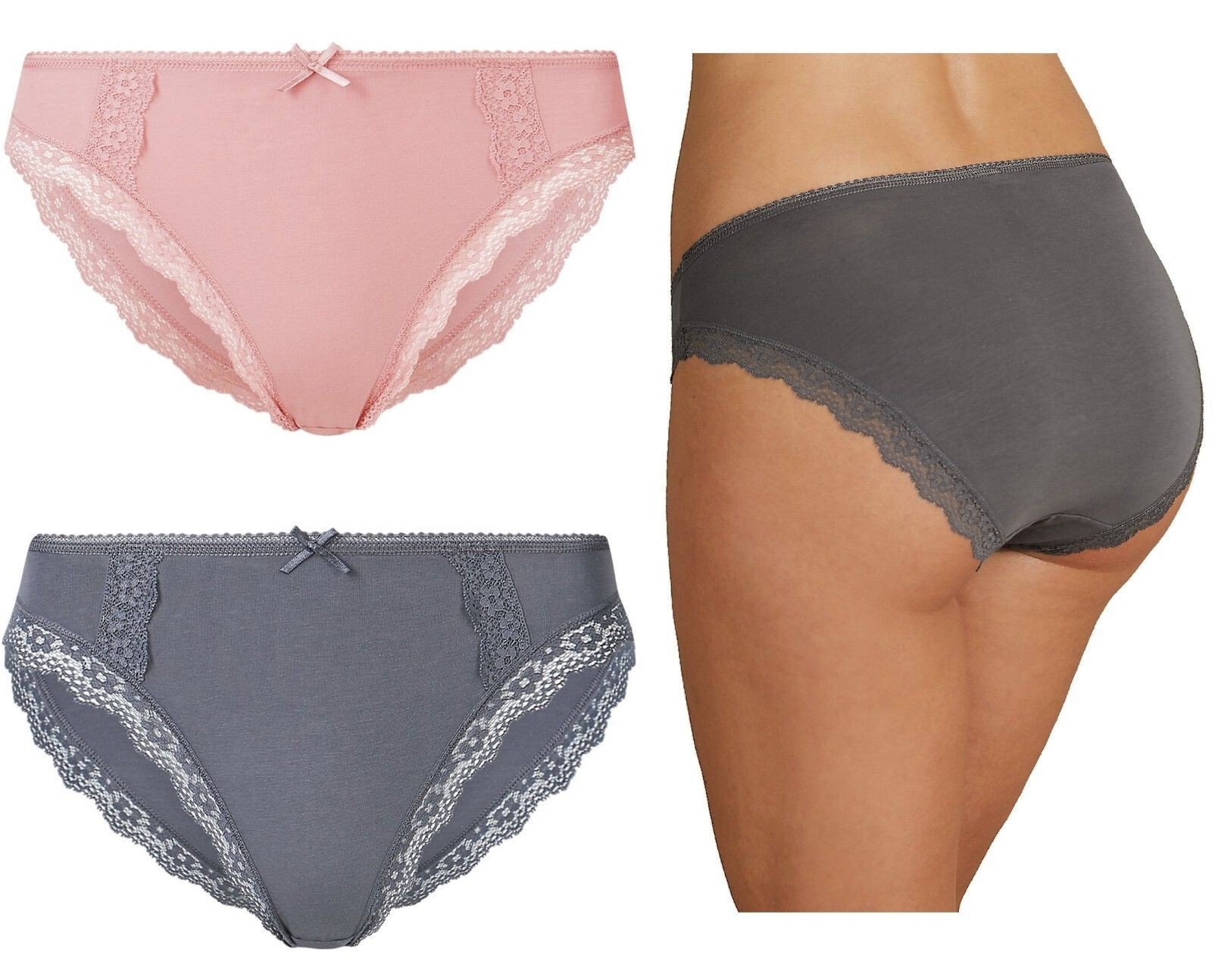 M&S Slate or Antique Rose Lace Trim Hi High Leg Knickers Panties Size 8-28 NEW