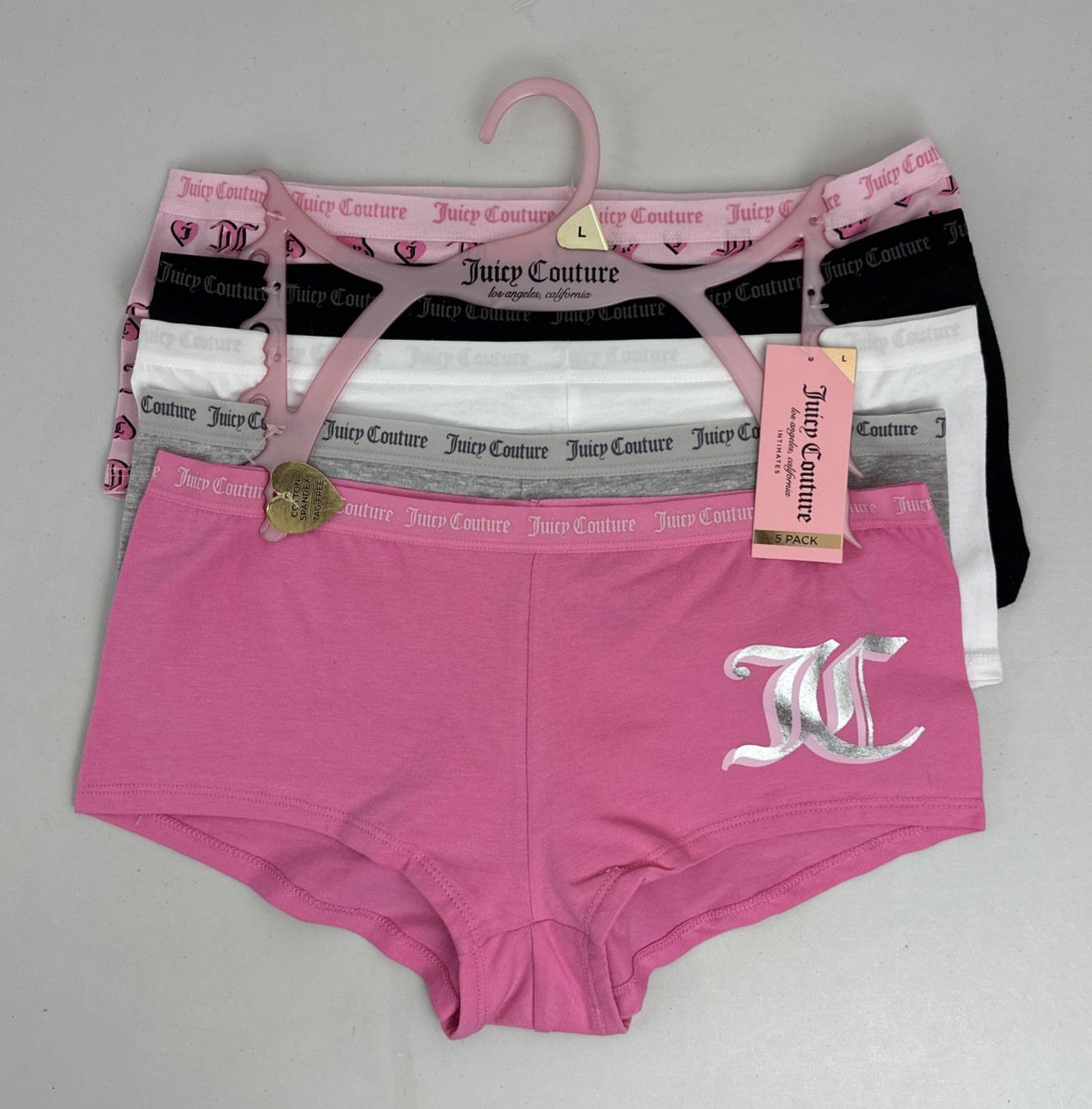 Juicy Couture Women’s L 5-Pack Boyshorts Pink Grey Black Logo & Solid Patterns