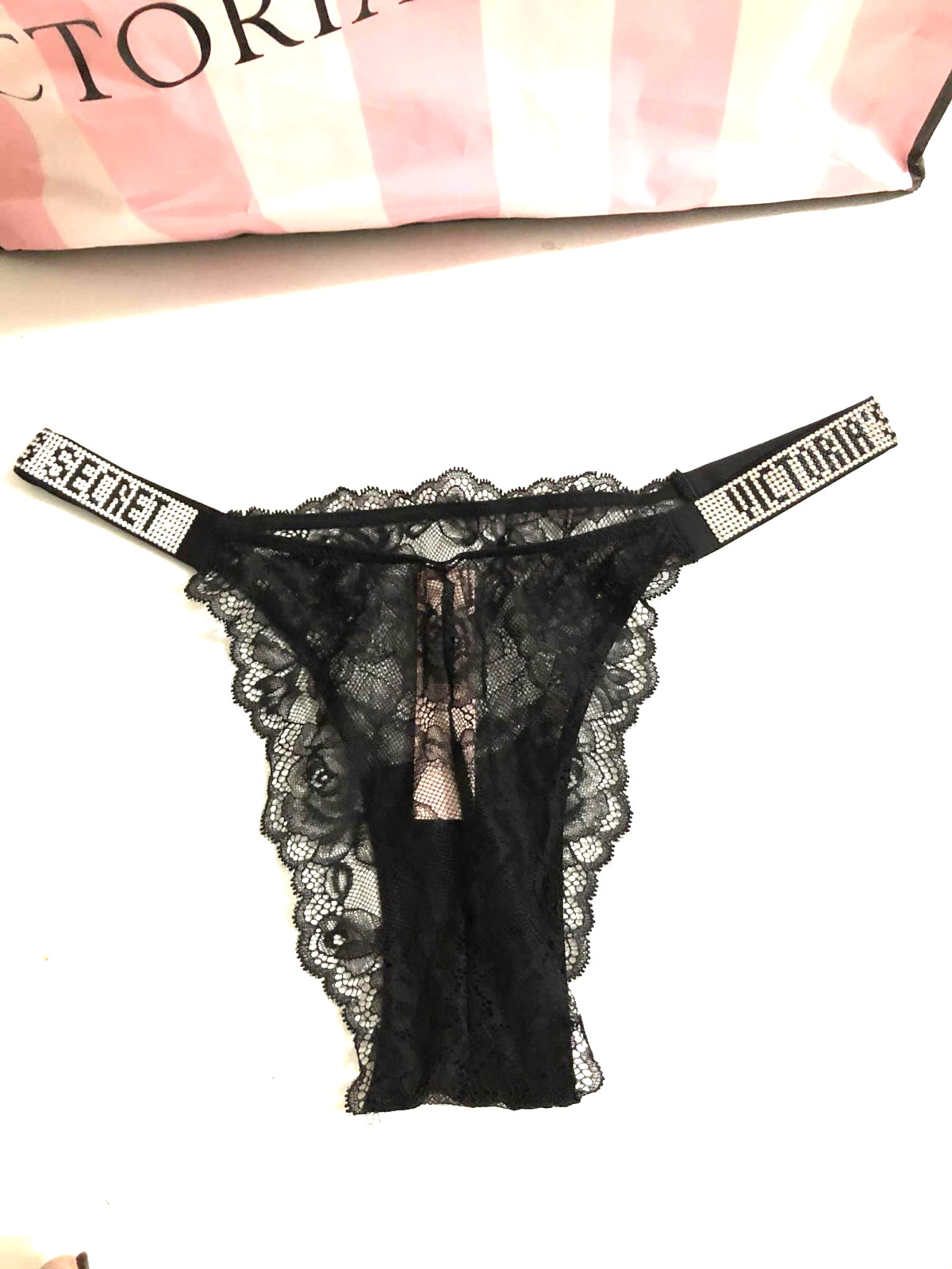 Victoria’s Secret Bombshell Shine Strap Logo Brazilian Lace Panty Black NWT