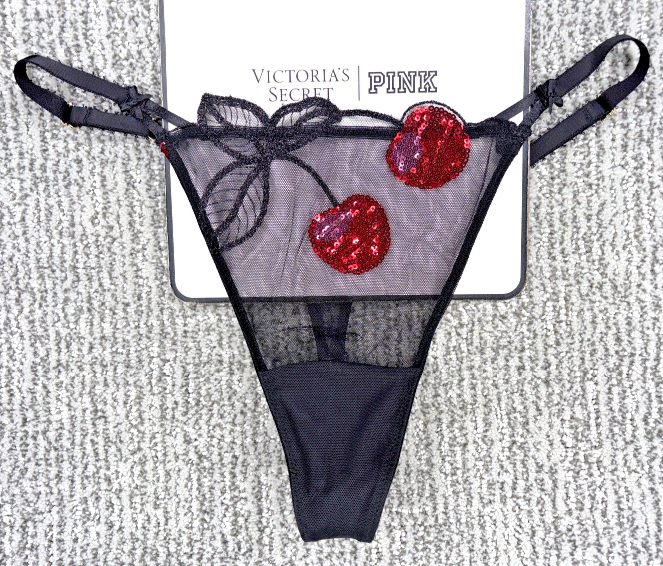 Victorias Secret Very Sexy NWT Medium Black Cherry Sequin Sheer Mesh Thong Panty